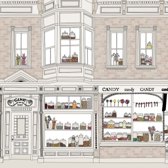 Tapet Candyshop Beige cu design vintage de dulciuri si cutii de bomboane