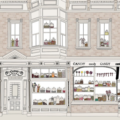 Tapet Candyshop Beige cu design vintage de dulciuri si cutii de bomboane