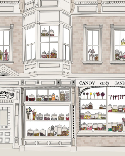 Tapet Candyshop Beige cu design vintage de dulciuri si cutii de bomboane