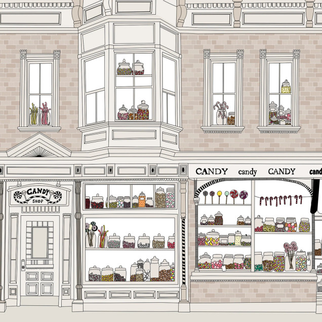 Tapet Candyshop Beige cu design vintage de dulciuri si cutii de bomboane