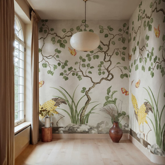 Tapet bej cu design auriu în baie