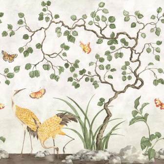 Tapet bej cu design auriu în baie