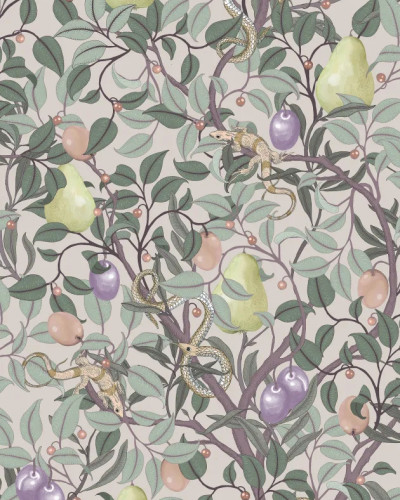 Wallpaper cu design floral pastelat, cu fructe și frunze, ideal pentru a adăuga o notă de eleganță și stil camerei.