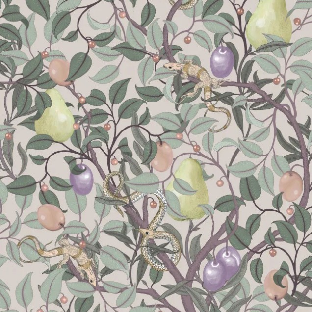 Wallpaper cu design floral pastelat, cu fructe și frunze, ideal pentru a adăuga o notă de eleganță și stil camerei.