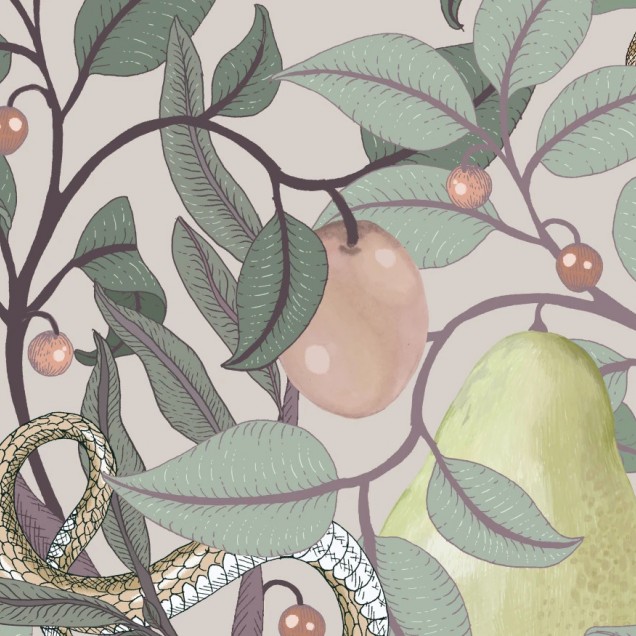 Wallpaper cu design floral pastelat, cu fructe și frunze, ideal pentru a adăuga o notă de eleganță și stil camerei.
