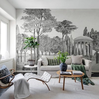 Tapet Chatsworth Park, Graphite, o imagine a unui parc istoric cu copaci și o cascadă, pentru un design clasic și elegant.