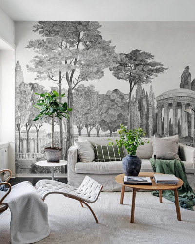 Tapet Chatsworth Park, Graphite, o imagine a unui parc istoric cu copaci și o cascadă, pentru un design clasic și elegant.