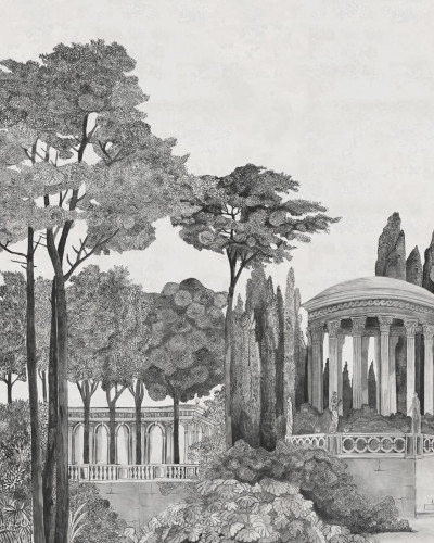 Tapet Chatsworth Park, Graphite, o imagine a unui parc istoric cu copaci și o cascadă, pentru un design clasic și elegant.