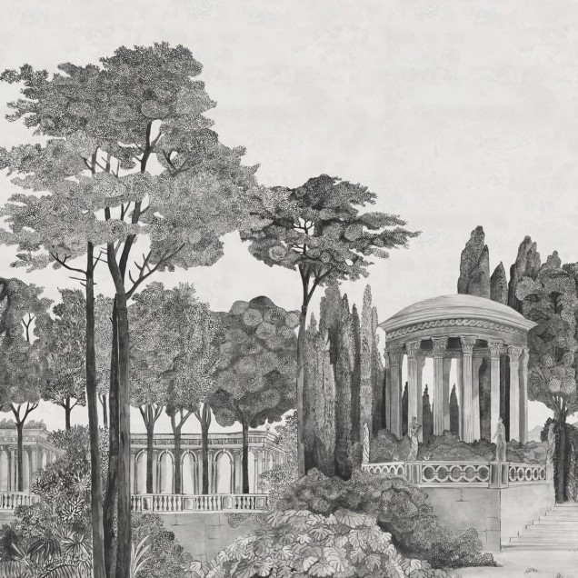 Tapet Chatsworth Park, Graphite, o imagine a unui parc istoric cu copaci și o cascadă, pentru un design clasic și elegant.