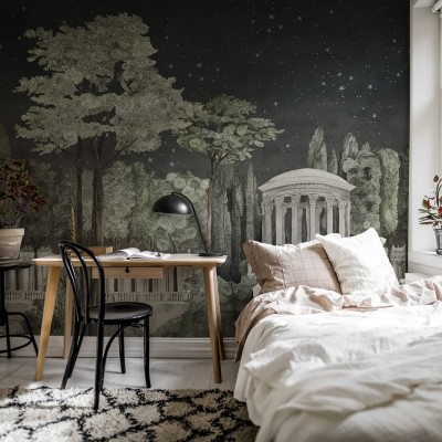 Tapet cu design modern, Chatsworth Park, Night, cu arbori falnici, un templu elegant și cer înstelat.