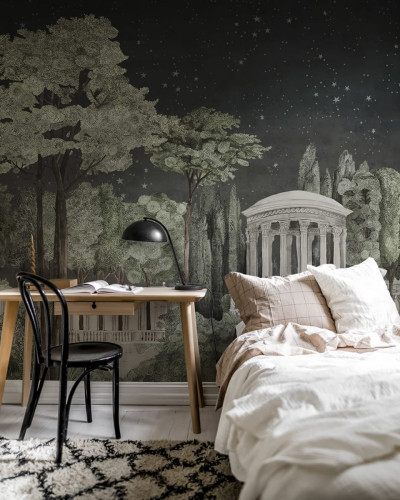 Tapet cu design modern, Chatsworth Park, Night, cu arbori falnici, un templu elegant și cer înstelat.