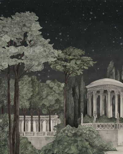 Tapet cu design modern, Chatsworth Park, Night, cu arbori falnici, un templu elegant și cer înstelat.