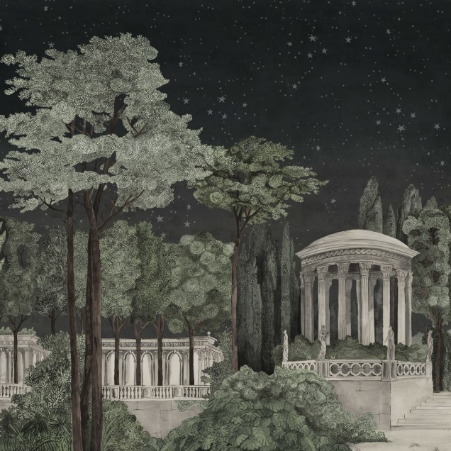 Tapet cu design modern, Chatsworth Park, Night, cu arbori falnici, un templu elegant și cer înstelat.