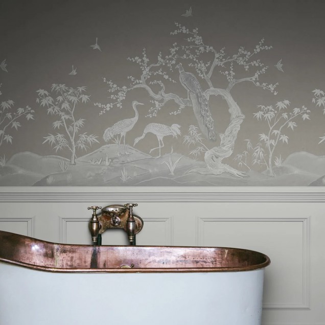 Tapet cu panouri Chinoiserie Lace, cu un design subtil in nuante de gri, ce infatiseaza un design clasic cu motive orientale.