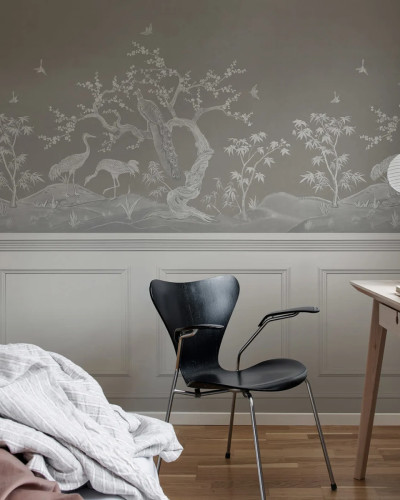 Tapet cu panouri Chinoiserie Lace, cu un design subtil in nuante de gri, ce infatiseaza un design clasic cu motive orientale.