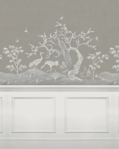 Tapet cu panouri Chinoiserie Lace, cu un design subtil in nuante de gri, ce infatiseaza un design clasic cu motive orientale.