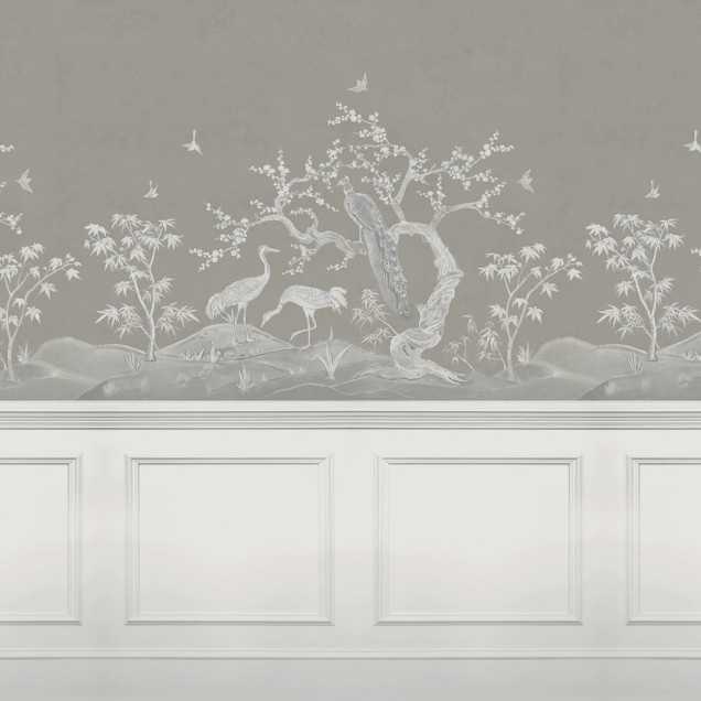Tapet cu panouri Chinoiserie Lace, cu un design subtil in nuante de gri, ce infatiseaza un design clasic cu motive orientale.