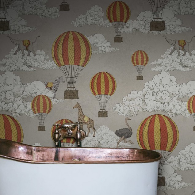 Tapet Dreamscape cu baloane cu aer cald si animale simpatice, culori pastelate si design vintage.