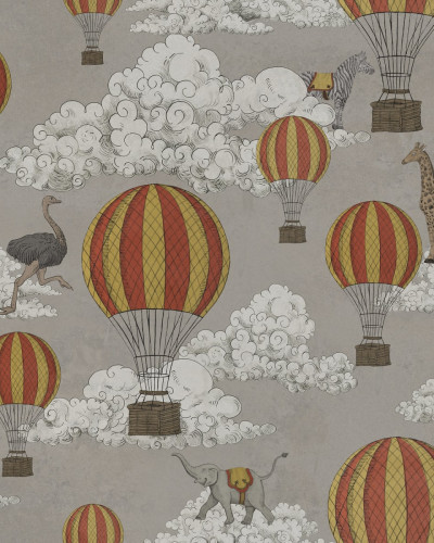 Tapet Dreamscape cu baloane cu aer cald si animale simpatice, culori pastelate si design vintage.