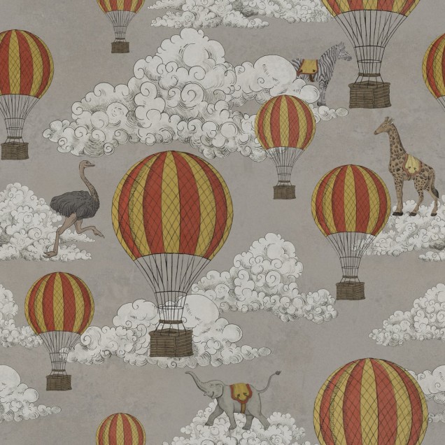 Tapet Dreamscape cu baloane cu aer cald si animale simpatice, culori pastelate si design vintage.