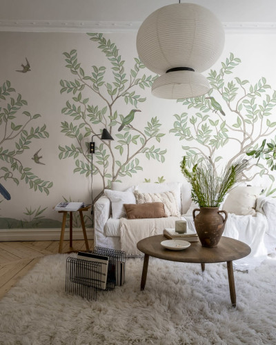 Tapet Monkeys Paradise, Alb, cu design modern, ilustrând maimuțe și păsări într-un decor natural.