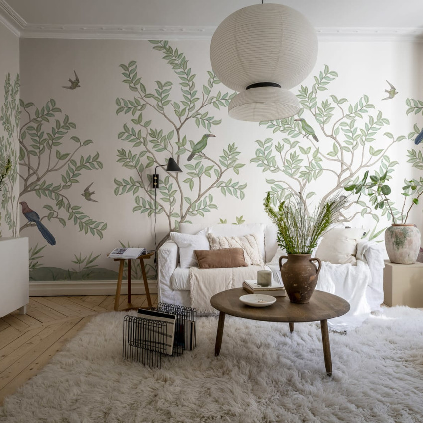 Tapet Monkeys Paradise, Alb, cu design modern, ilustrând maimuțe și păsări într-un decor natural.