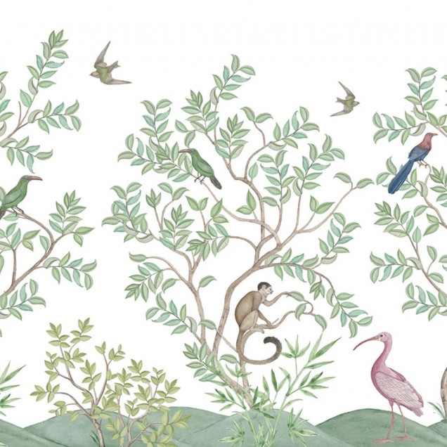 Tapet Monkeys Paradise, Alb, cu design modern, ilustrând maimuțe și păsări într-un decor natural.