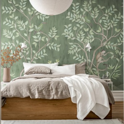 Tapet cu design tropical cu maimute, pasari si copaci verzi