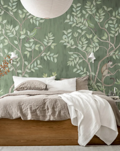 Tapet cu design tropical cu maimute, pasari si copaci verzi