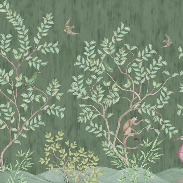 Tapet cu design tropical cu maimute, pasari si copaci verzi