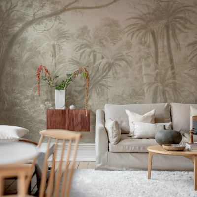 Wallpaper cu palmieri in nuante de bej, perfect pentru un living sau un dormitor modern.