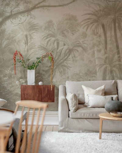 Wallpaper cu palmieri in nuante de bej, perfect pentru un living sau un dormitor modern.