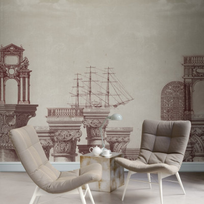 Tapet cu design clasic, elegant, cu coloane și o navă cu vele pe un fundal vintage.
