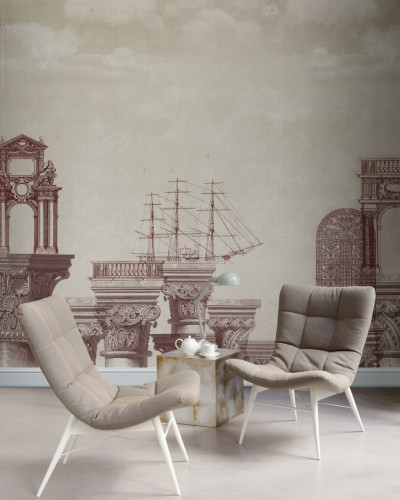 Tapet cu design clasic, elegant, cu coloane și o navă cu vele pe un fundal vintage.