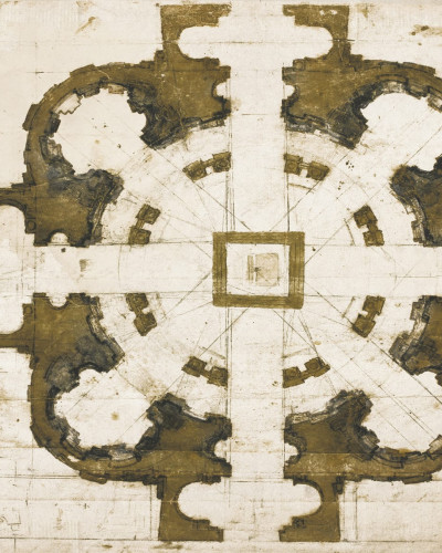 Tapet cu design clasic inspirat de arhitectura florentină,  aflat pe un perete în living, alături de o masă de dining, scaune și un candelabru cu cristale.