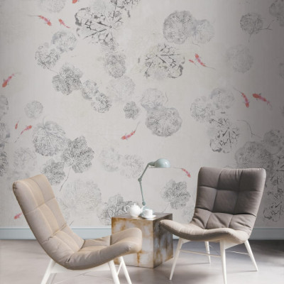 Tapet cu design minimalist de frunze gri și pești roșii.
