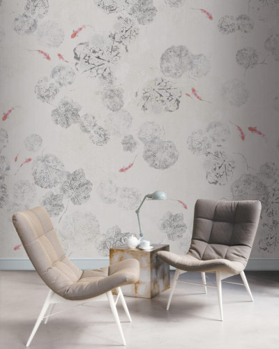 Tapet cu design minimalist de frunze gri și pești roșii.