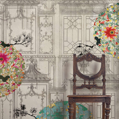 Tapet mural cu design oriental cu motive florale și elemente arhitecturale