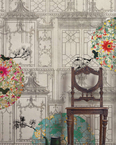 Tapet mural cu design oriental cu motive florale și elemente arhitecturale