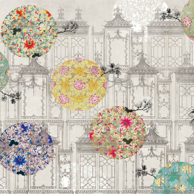 Tapet mural cu design oriental cu motive florale și elemente arhitecturale