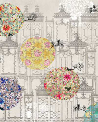 Tapet mural cu design oriental cu motive florale și elemente arhitecturale