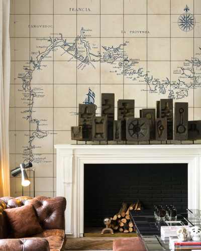Tres Tintas & Rebel Walls, Carelage Marin - Wallpaper cu harta veche a Franței
