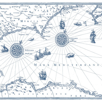 Tapet Tres Tintas & Rebel Walls, Carte Marin, cu harta nautica antica, albastru, design vintage
