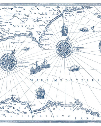 Tapet Tres Tintas & Rebel Walls, Carte Marin, cu harta nautica antica, albastru, design vintage