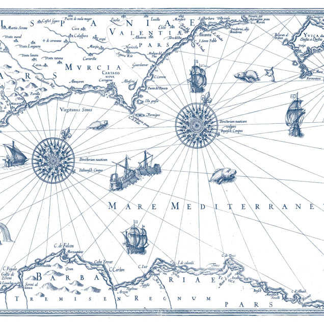 Tapet Tres Tintas & Rebel Walls, Carte Marin, cu harta nautica antica, albastru, design vintage