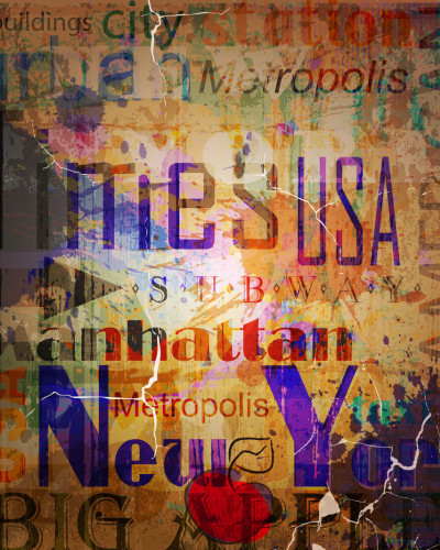Tapet Big Apple, cu texturi urban, graffiti, culori vibrante.