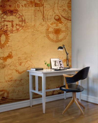 Tapet Clockwork cu design steampunk, cu ceasuri si mecanisme complexe pe un fundal vintage.