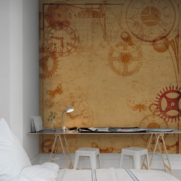 Tapet Clockwork cu design steampunk, cu ceasuri si mecanisme complexe pe un fundal vintage.