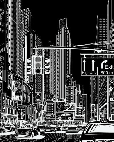 Tapet 3D Cartoon City  Negru - Imagine cu un tapet 3D pe un perete din living. Tapetul 3D ilustrează o imagine a unui oraș cu clădiri înalte și o stradă animată.