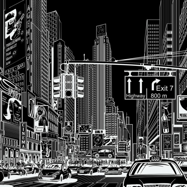 Tapet 3D Cartoon City  Negru - Imagine cu un tapet 3D pe un perete din living. Tapetul 3D ilustrează o imagine a unui oraș cu clădiri înalte și o stradă animată.